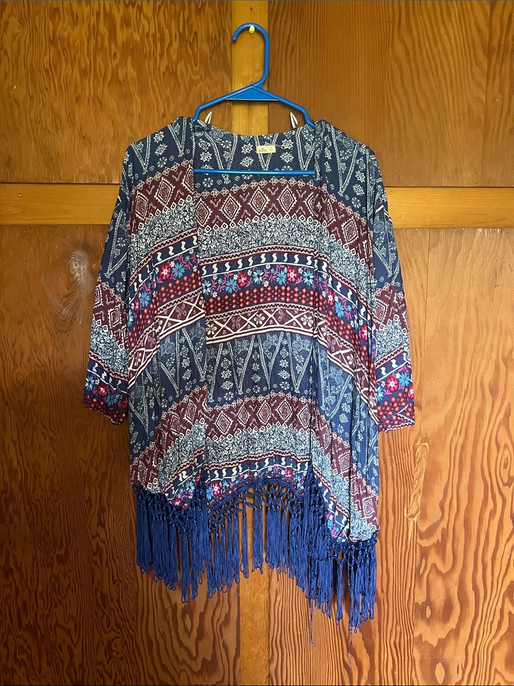 Hollister Navy and Burgundy Boho Fringe Top
